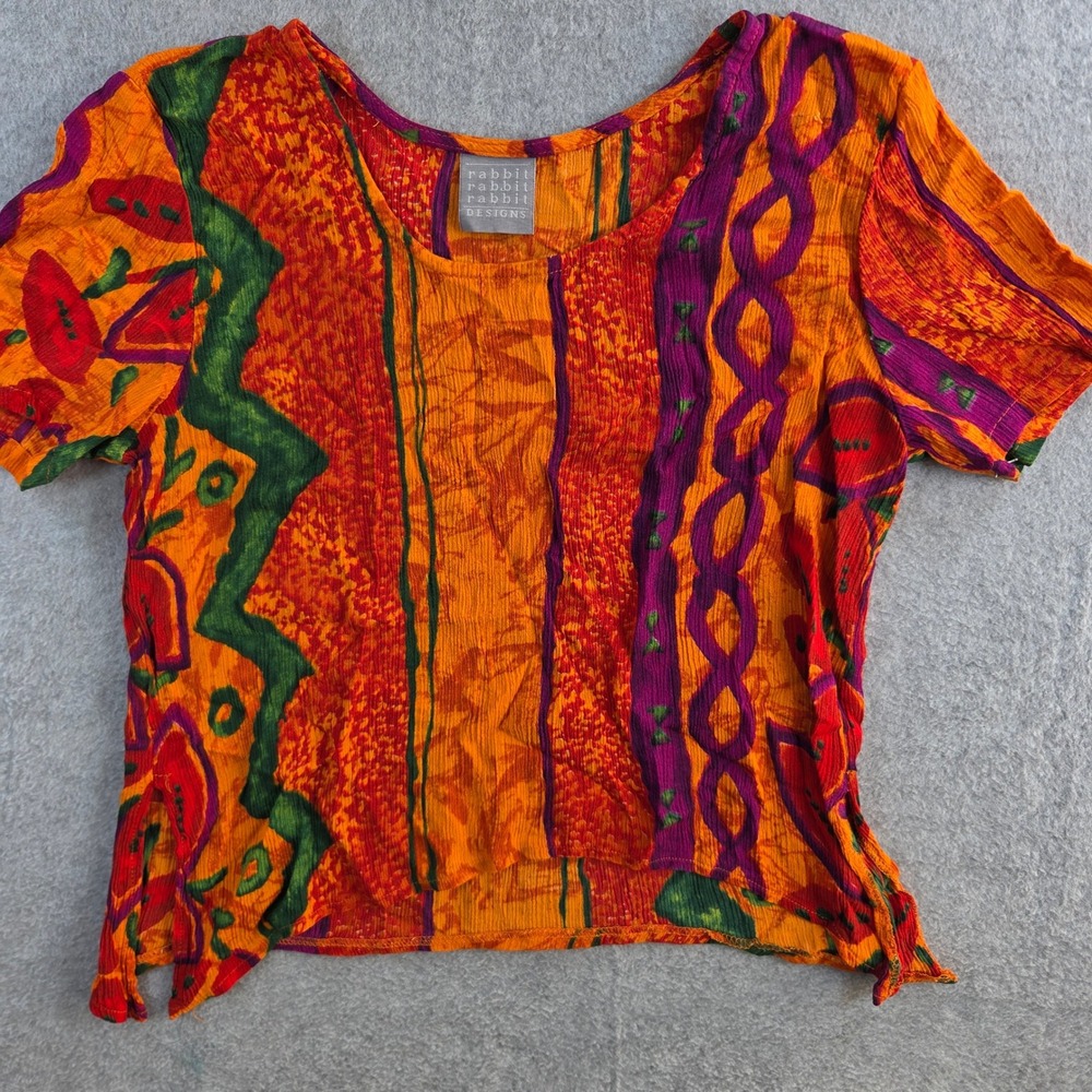 Rabbit Rabbit Rabbit Designs Top Womens M Orange Purple Abstract Crinkle Gauze